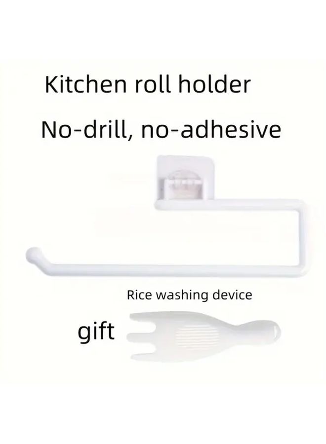 White Wall Mounted Paper Towel Holder And Rice Washing Sieve No Drill Kitchen Storage Rack - Image 1