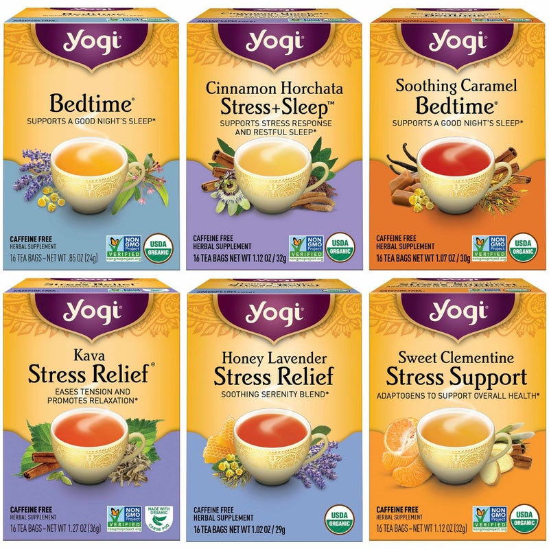 Yogi Tea Stress Relief & Herbal Tea Variety Pack - 16 Bags per Pack (6 Packs) - Organic Herbal Sampler - Includes Bedtime, Kava Stress Relief, Soothing Caramel Bedtime & More - Image 1