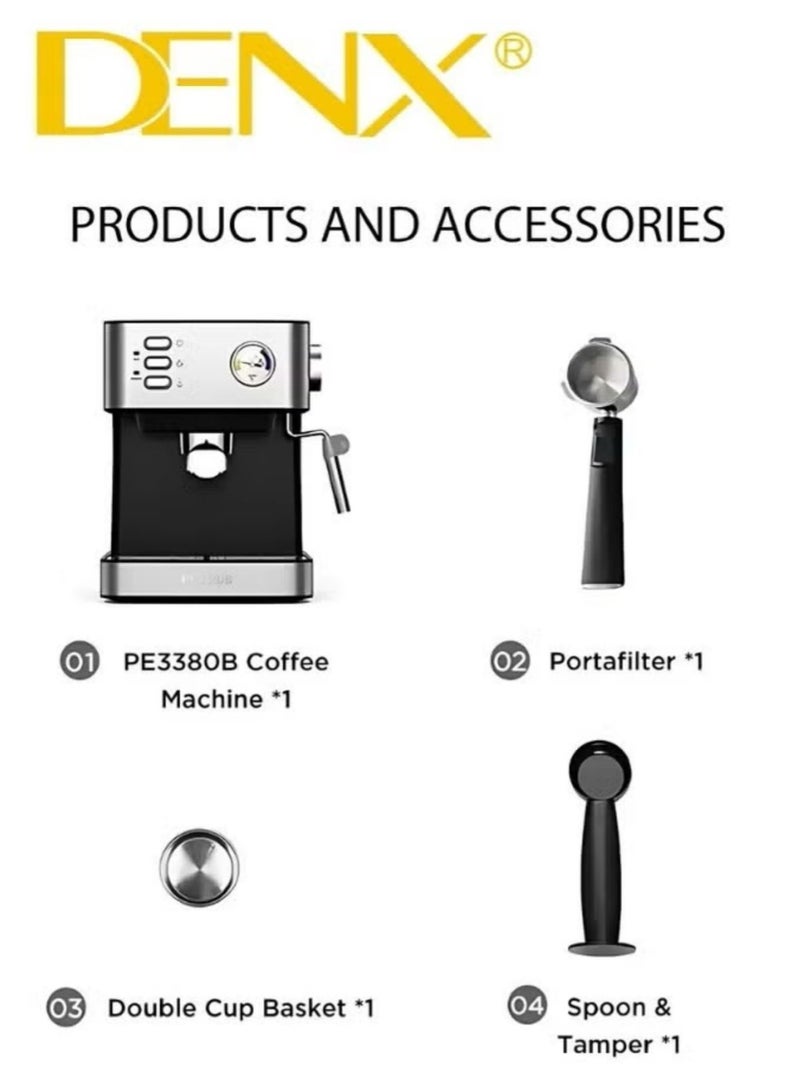 Denx Espresso Coffee Machine for Home, 1.6L Capacity, 850W Power, with Milk Frother, Cappuccino & Latte Maker, Equipped with Steamer, Metal Filter, and Temperature Indicator - Image 3