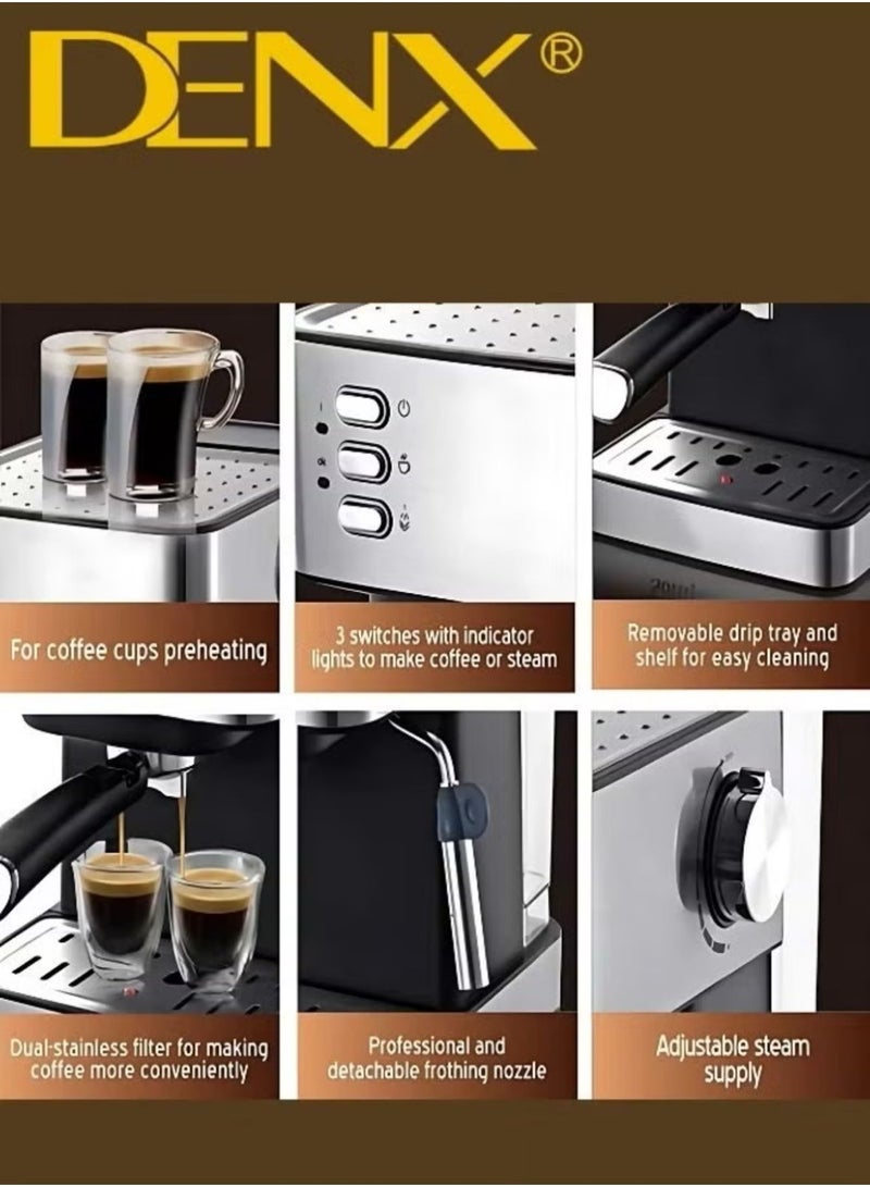 Denx Espresso Coffee Machine for Home, 1.6L Capacity, 850W Power, with Milk Frother, Cappuccino & Latte Maker, Equipped with Steamer, Metal Filter, and Temperature Indicator - Image 5