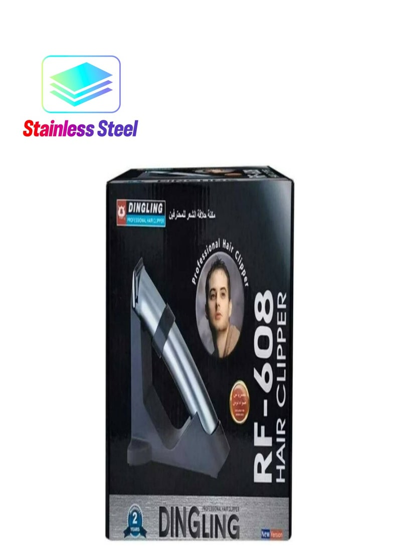 Dingling Professional Male Hair Clipper / Shaver, Rechargeable, Stainless Steel Material, 110-220V 50/60Hz Power, Auto Overload Off, Silver - Black | RF608 - Image 1