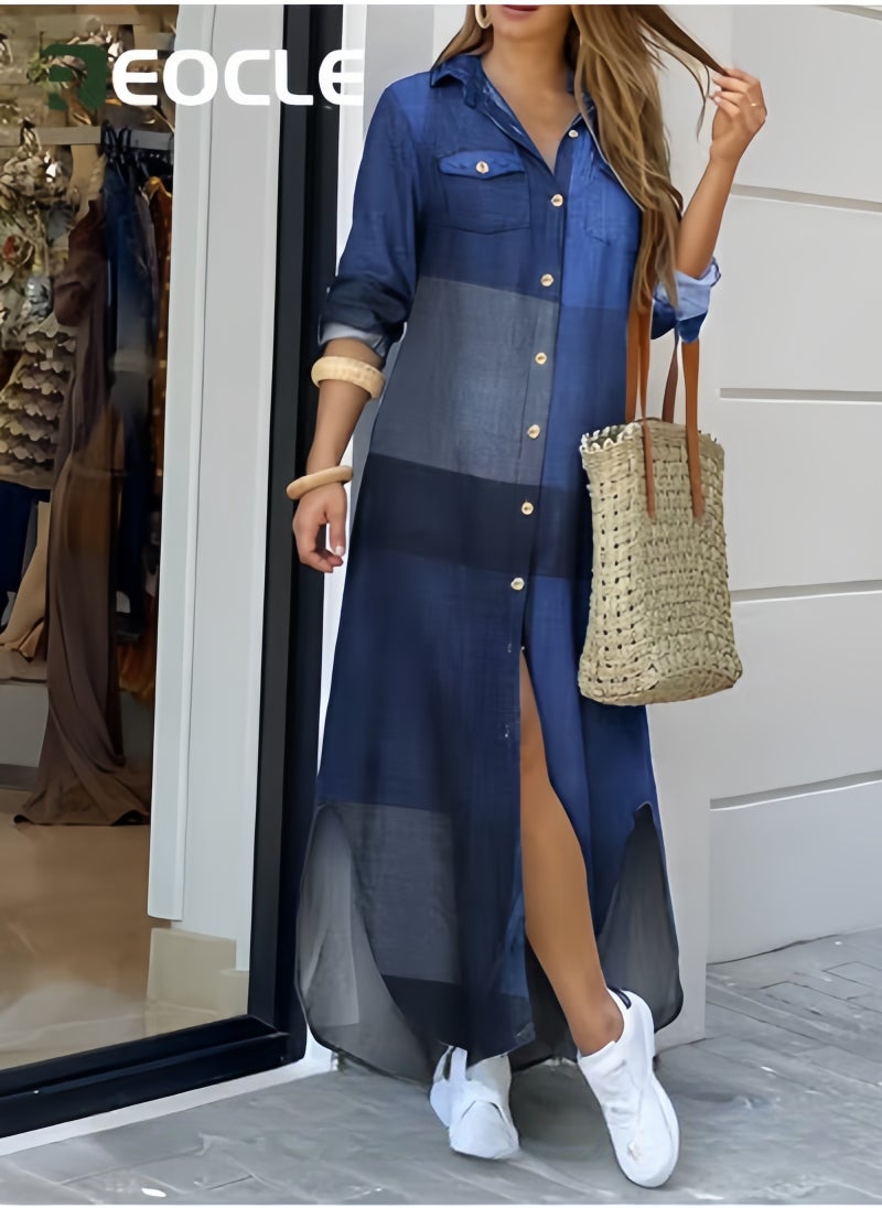 REOCLE Spring And Summer Shirt Long Skirt Dress for Women Casual Loose Design Long-sleeved Design Modify Figure  - Image 3