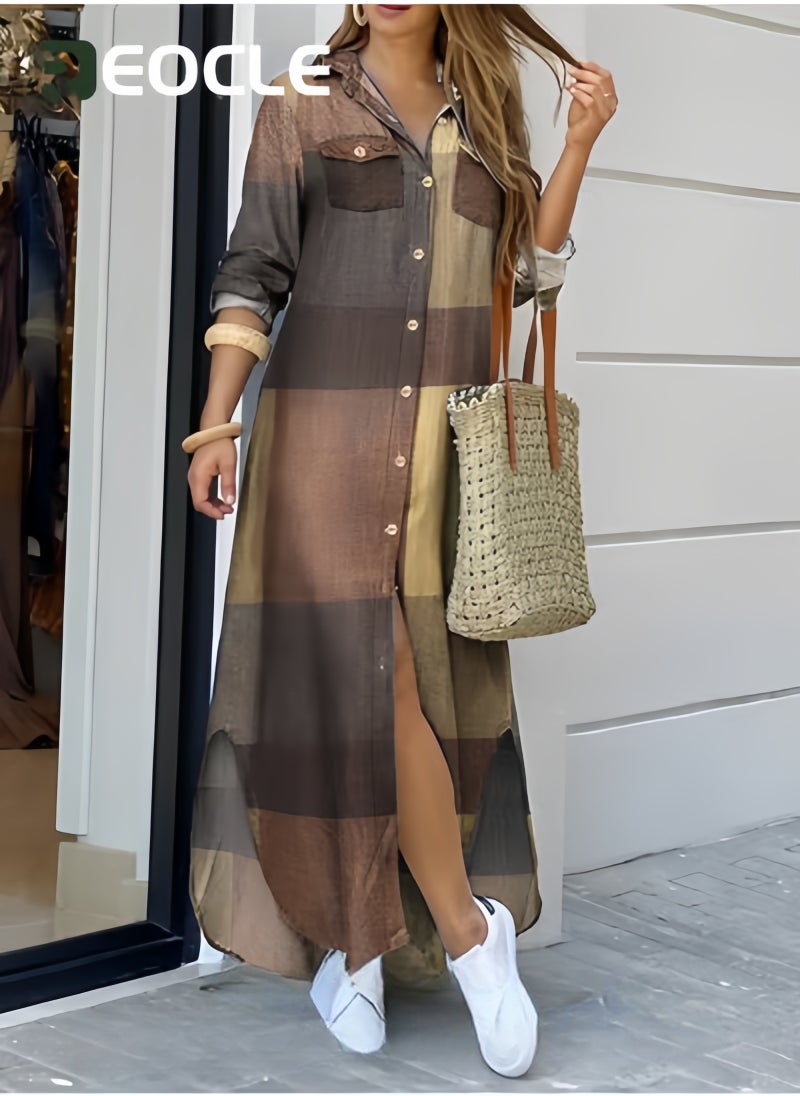 REOCLE Spring And Summer Shirt Long Skirt Dress for Women Casual Loose Design Long-sleeved Design Modify Figure  - Image 2