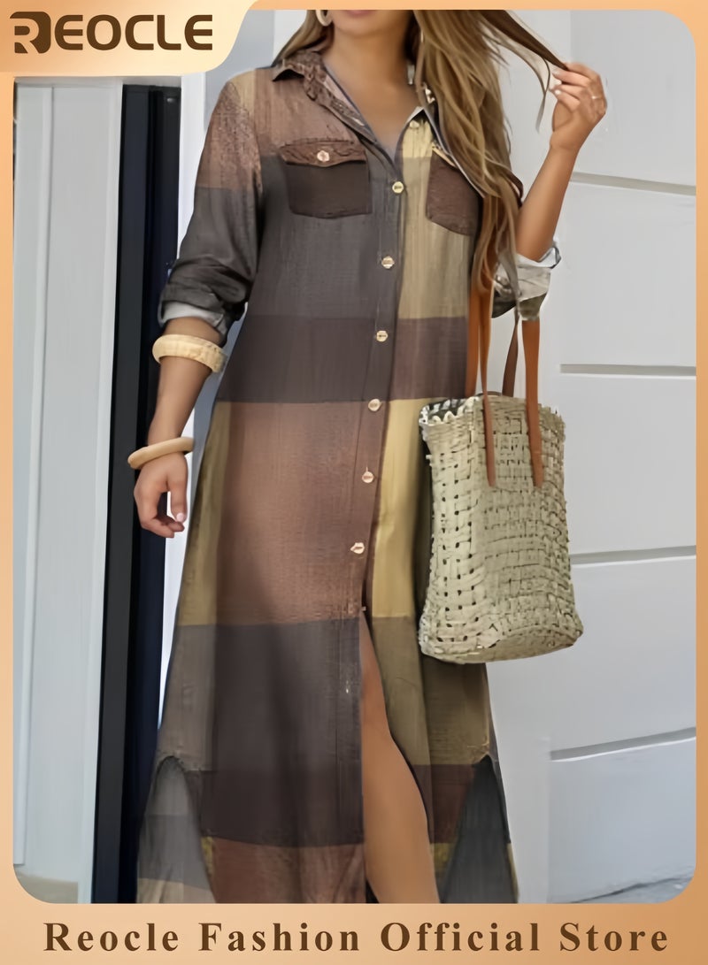 REOCLE Spring And Summer Shirt Long Skirt Dress for Women Casual Loose Design Long-sleeved Design Modify Figure  - Image 1