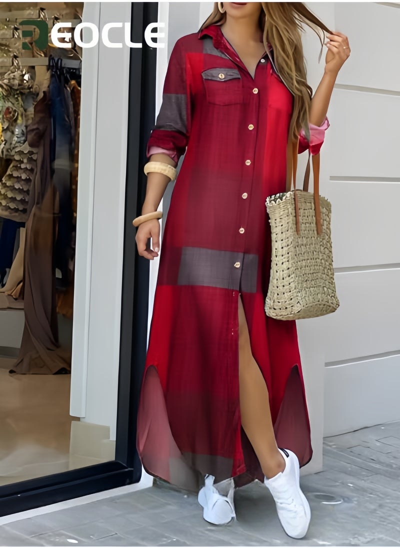 REOCLE Spring And Summer Shirt Long Skirt Dress for Women Casual Loose Design Long-sleeved Design Modify Figure  - Image 5