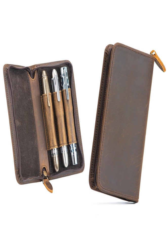 Asvine Fountain Pen Case 3 Divided Slots Crazy Horse Leather Pen Holder, Handmade Display Zippered Pouch for Rollerball Pen-Retro - Image 2