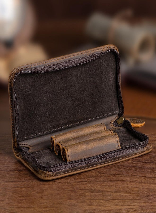 Asvine Fountain Pen Case 3 Divided Slots Crazy Horse Leather Pen Holder, Handmade Display Zippered Pouch for Rollerball Pen-Retro - Image 3