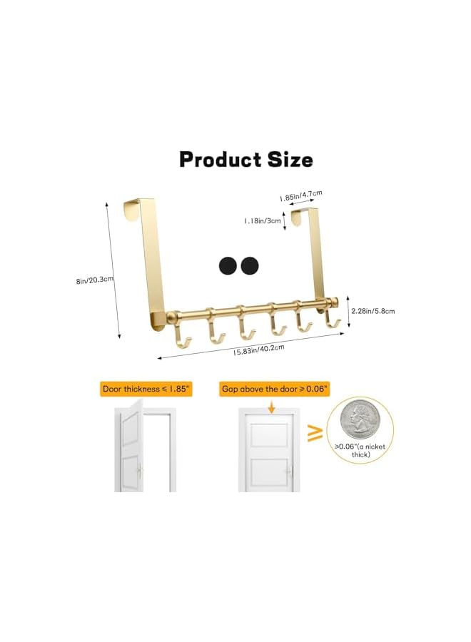 promass Over Door Hanger, Over Door Hook, Moving 6-Hooks, Door Coat Rack for Hanging, Aluminum Heavy Duty Door Organizer for Towel Robe Hat Bag, Door Hangers for bedroom(Gold) - Image 3