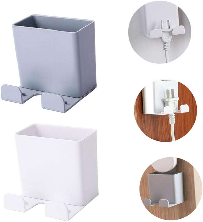 2pcs Adhesive Wall Plug Holders Multi-Purpose Mobile Charging Stands with Plug Hanging Hooks for Organized Space No Drill Safe Wall Mount for Phones and Remotes Grey White - Image 2