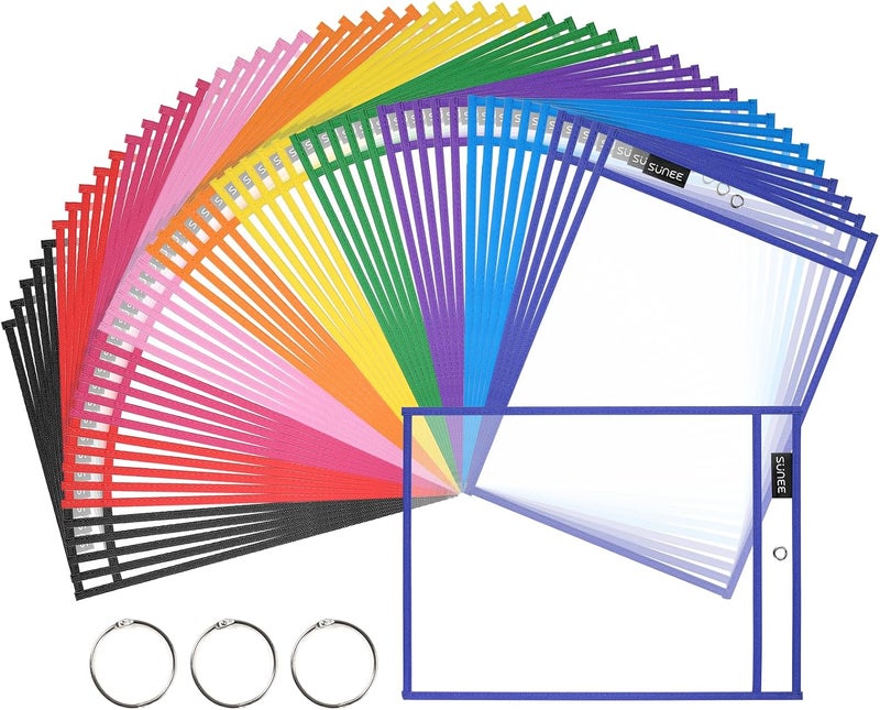 SUNEE 50 Packs Oversized Reusable Dry Erase Pocket Sleeves with 3 Rings, 10 Assorted Colors 10x14 Ticket Holders, Clear Plastic Sheet Protectors, Teacher School Classroom Supplies - Image 1