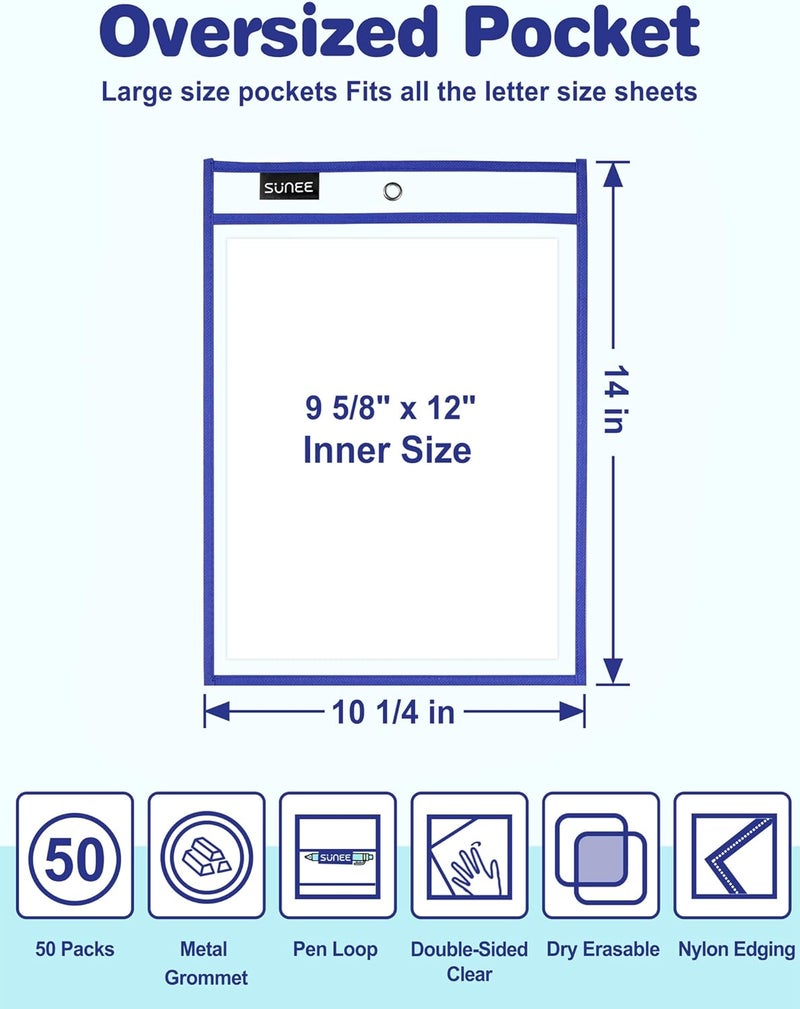 SUNEE 50 Packs Oversized Reusable Dry Erase Pocket Sleeves with 3 Rings, 10 Assorted Colors 10x14 Ticket Holders, Clear Plastic Sheet Protectors, Teacher School Classroom Supplies - Image 2
