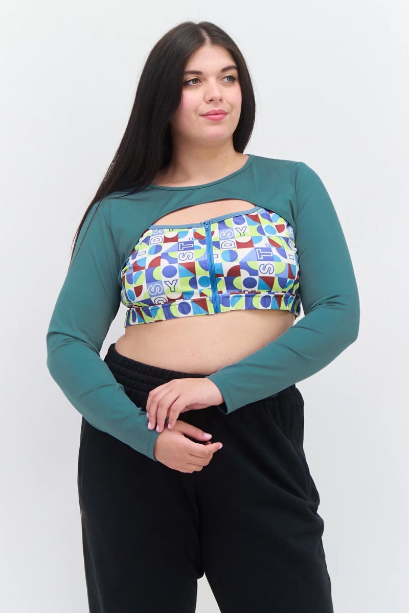 Daisy Street Women Plus Size Long Sleeves Training Top, Sage Green - Image 1