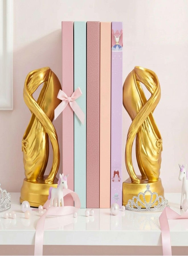 Tosstuki 1 Set Gold Ballet Shoe Bookends for Shelves, Resin Ballet Slipper Bow Decorative Bookends with Non-slip Pad for Book Lovers Ballerina Dancers Heavy Book Holder for Room Home Office Decoration - Image 1