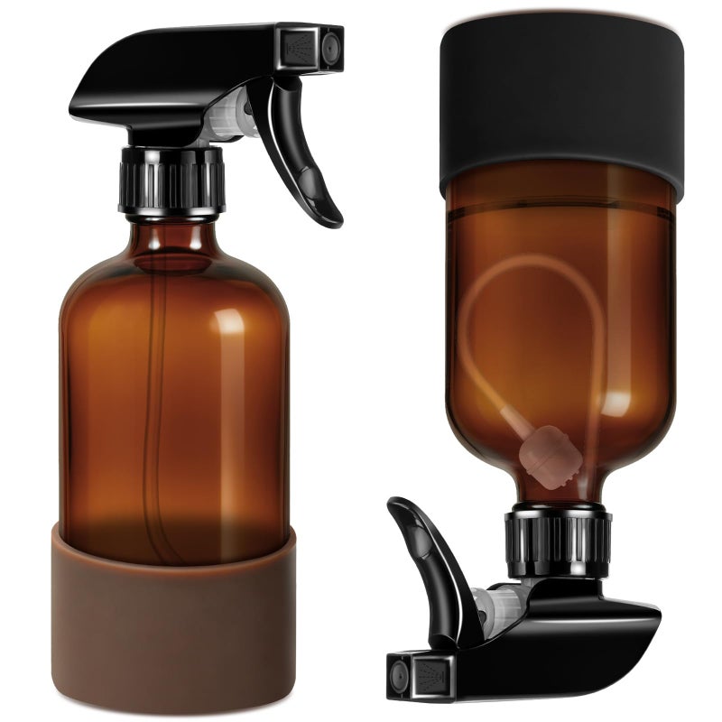 Tecohouse 2 Pack 360 Amber Glass Spray Bottles with Silicone Sleeve 16 oz Empty Refillable Containers with Adjustable Spray Nozzles Dark Spray Bottles for Cleaning Solutions Plants Black Brown - Image 2