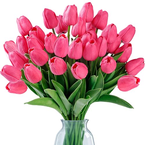 Sggvecsy 15 Pcs Fake Tulips Artificial Flowers Real Touch PU Faux Flowers Tulip Stems for Wedding Spring Bouquet Floral Arrangement Home Party Office Decorations for Mothers Day Dark Pink - Image 1