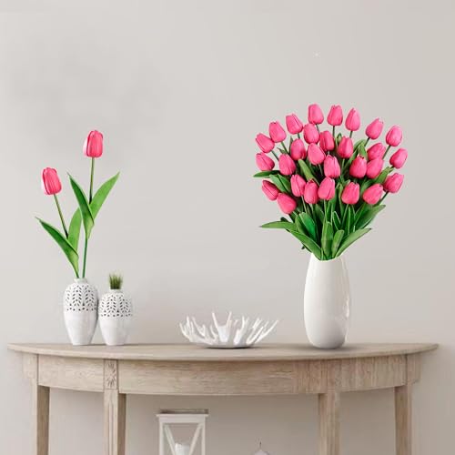 Sggvecsy 15 Pcs Fake Tulips Artificial Flowers Real Touch PU Faux Flowers Tulip Stems for Wedding Spring Bouquet Floral Arrangement Home Party Office Decorations for Mothers Day Dark Pink - Image 3