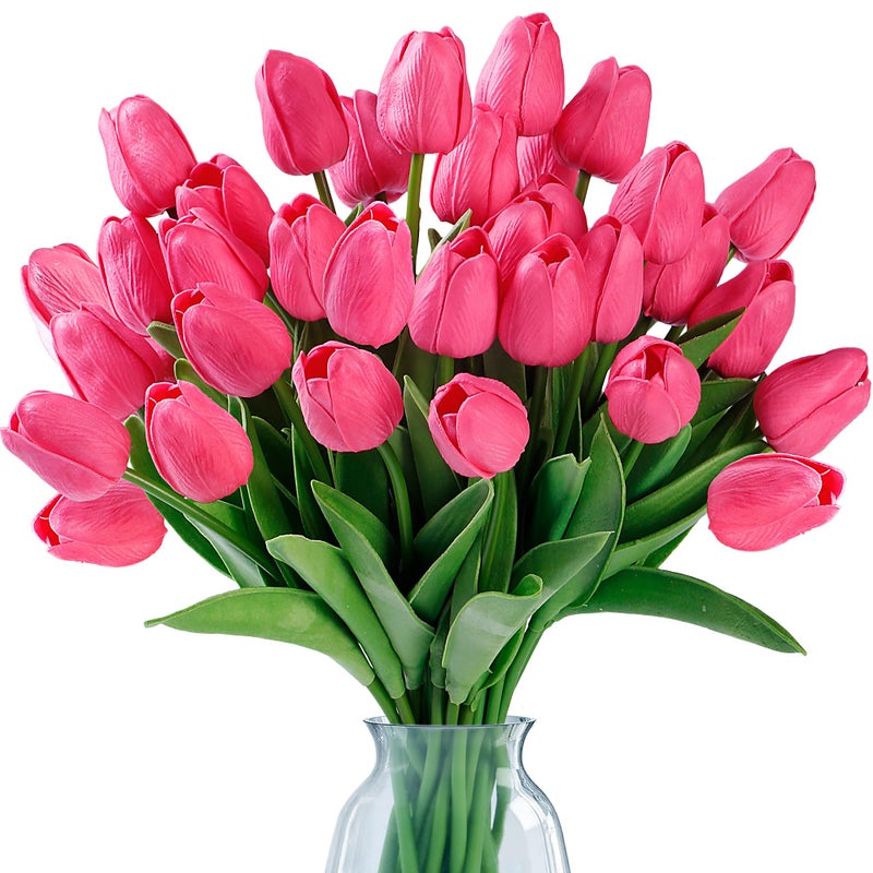 Sggvecsy 15 Pcs Fake Tulips Artificial Flowers Real Touch PU Faux Flowers Tulip Stems for Wedding Spring Bouquet Floral Arrangement Home Party Office Decorations for Mothers Day Dark Pink - Image 2