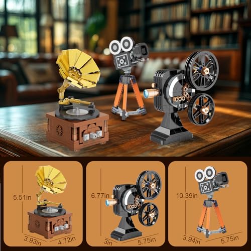 Brihappen 3 in 1 Vintage Model Building Set for Adults Teens 14 Retro Phonograph Projector Camera Collectible and Display Model Home Office Decor Creative Birthday Gifts 705 Pieces - Image 5