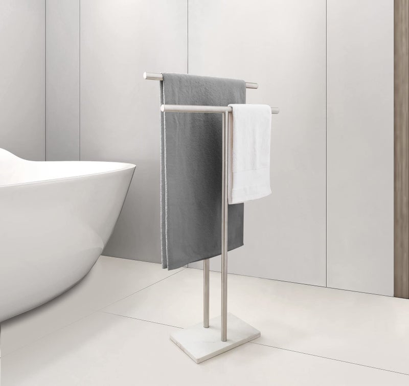 EADOT 40 Inch Standing Towel Rack Double-T Shape Tall Bath Towel Sheet Holder with Marble Design Base for Bathroom Floor Next to Tub or Shower 2 Tier Towel Holder Stand Stainless Steel Brushed Nickel - Image 3