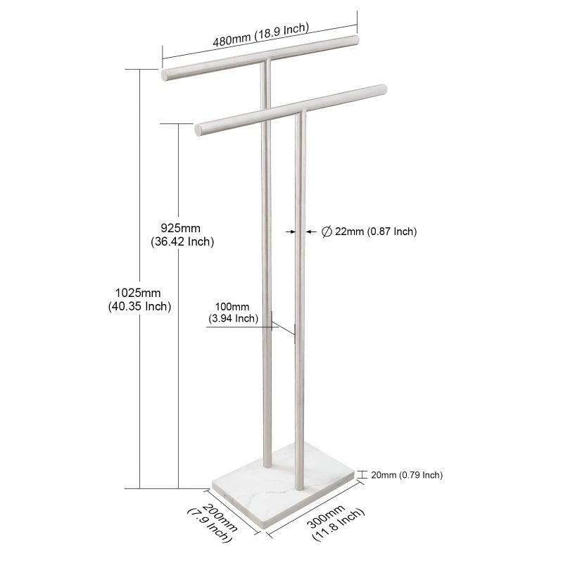 EADOT 40 Inch Standing Towel Rack Double-T Shape Tall Bath Towel Sheet Holder with Marble Design Base for Bathroom Floor Next to Tub or Shower 2 Tier Towel Holder Stand Stainless Steel Brushed Nickel - Image 2