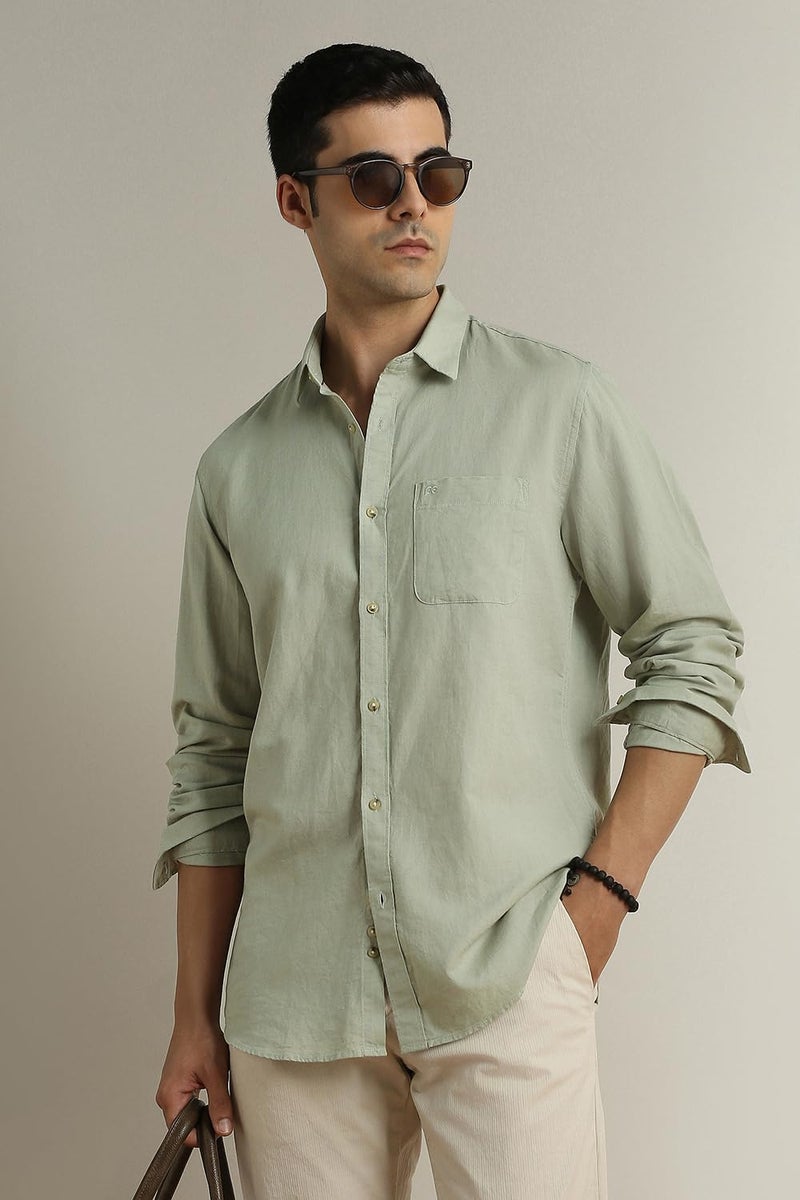 Peter England Men Green Textured Full Sleeves Casual Shirt - Image 2
