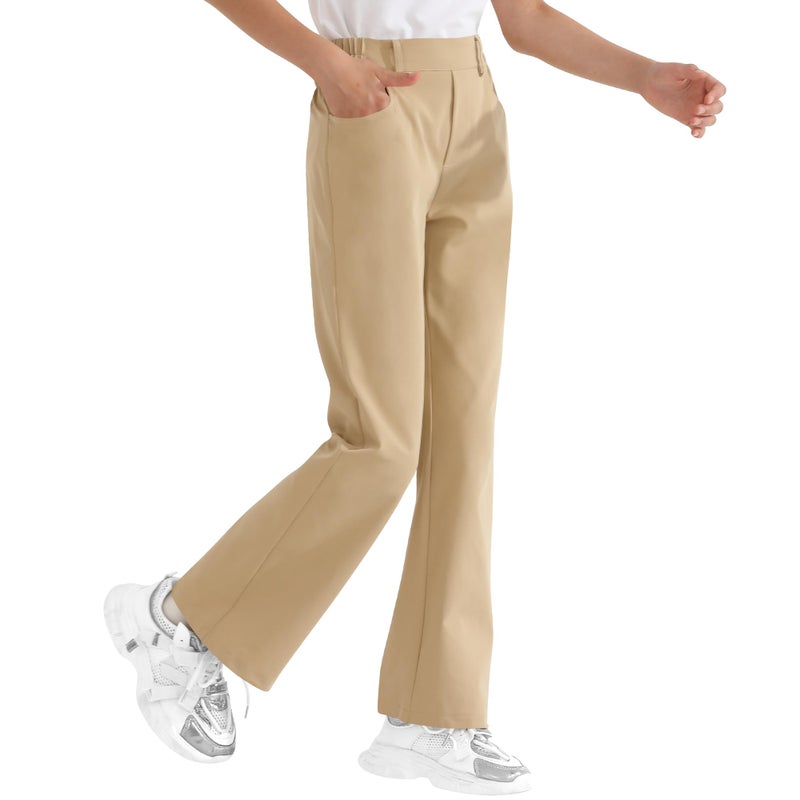 Dreammonkey Girls Flare Dress Pants Kids Bootcut School Uniform Slacks with Half Elastic Waist Size 6-15 Years, Khaki, 14-15 Years - Image 1