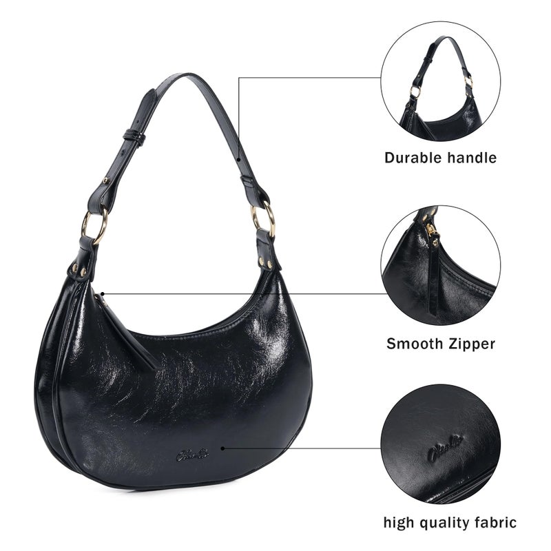 Chinllo Purse for Women Shoulder Bag Shiny Leather, Cute Mini Clutch Zipper Hobo Tote Handbags - Image 3