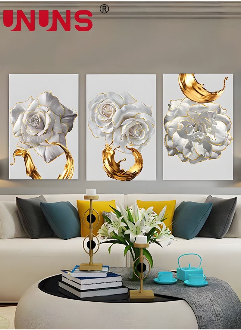 UNUNS 3-Piece Printed Wall Art,White Flower Gold Leaf Canvas Painting,Wall Art For Bedroom Living Room Office Wall Decor,40x60cm(Only Drawing Core)  - Image 2