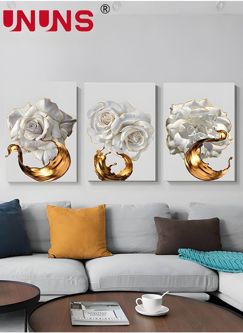 UNUNS 3-Piece Printed Wall Art,White Flower Gold Leaf Canvas Painting,Wall Art For Bedroom Living Room Office Wall Decor,40x60cm(Only Drawing Core)  - Image 1