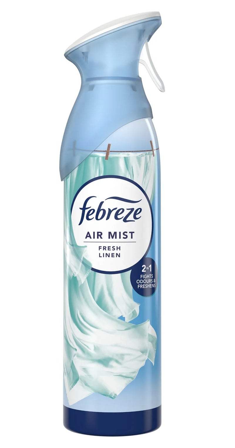 Febreze Air Mist Fresh Linen 185ml Air Freshener Spray, Long Lasting Clean Fragrance, Odor Eliminator Spray, Water Based Formula, Natural Propellant Home Bathroom Bedroom Office Freshener - Image 1