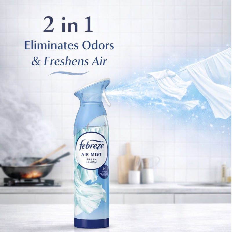 Febreze Air Mist Fresh Linen 185ml Air Freshener Spray, Long Lasting Clean Fragrance, Odor Eliminator Spray, Water Based Formula, Natural Propellant Home Bathroom Bedroom Office Freshener - Image 2