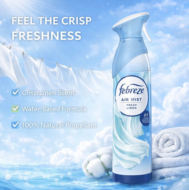 Febreze Air Mist Fresh Linen 185ml Air Freshener Spray, Long Lasting Clean Fragrance, Odor Eliminator Spray, Water Based Formula, Natural Propellant Home Bathroom Bedroom Office Freshener - Image 3