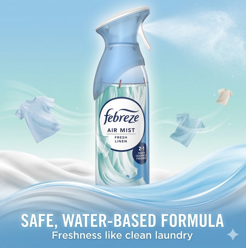 Febreze Air Mist Fresh Linen 185ml Air Freshener Spray, Long Lasting Clean Fragrance, Odor Eliminator Spray, Water Based Formula, Natural Propellant Home Bathroom Bedroom Office Freshener - Image 4