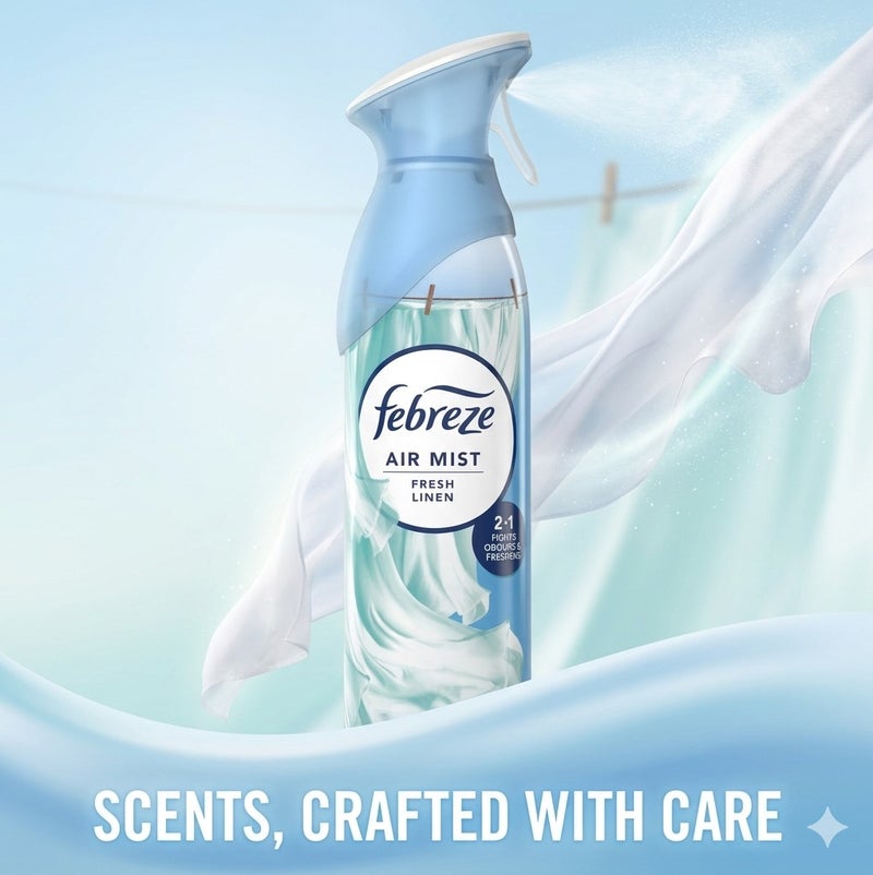 Febreze Air Mist Fresh Linen 185ml Air Freshener Spray, Long Lasting Clean Fragrance, Odor Eliminator Spray, Water Based Formula, Natural Propellant Home Bathroom Bedroom Office Freshener - Image 5