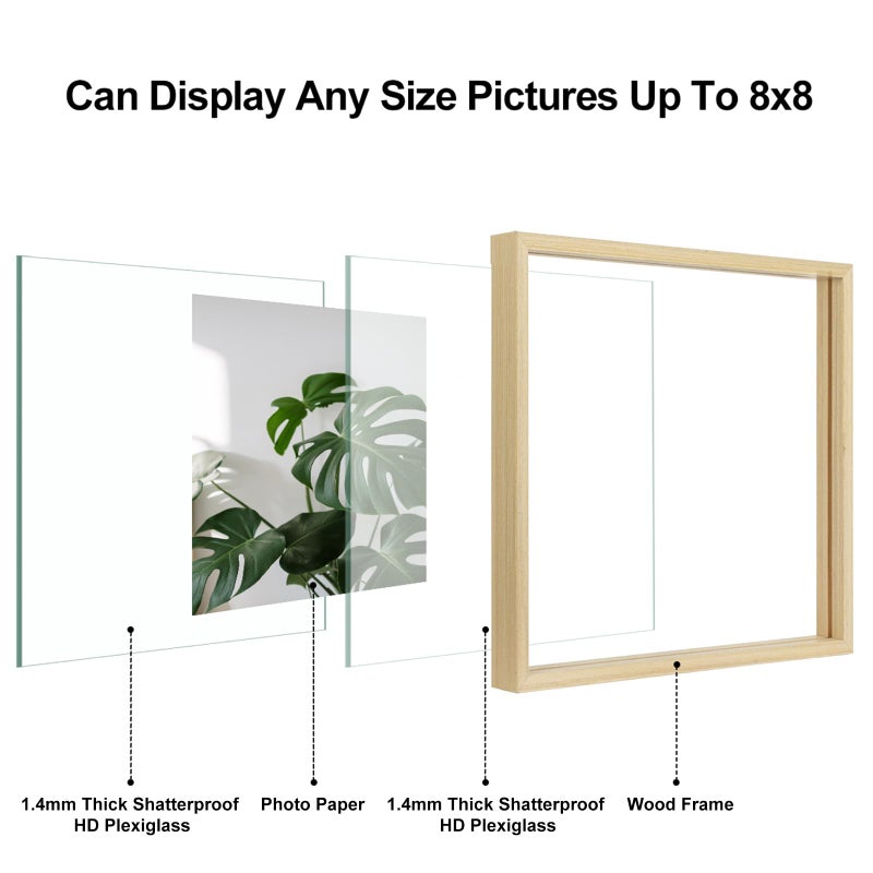 egofine 8x8 إطارات العائمة مجموعة من 2 إطار صورة مزدوجة plexiglass مصنوعة من الخشب الصلب عرض أي صورة الحجم حتى 8x8 حائط أو طاولة الخشب الطبيعي - Image 3