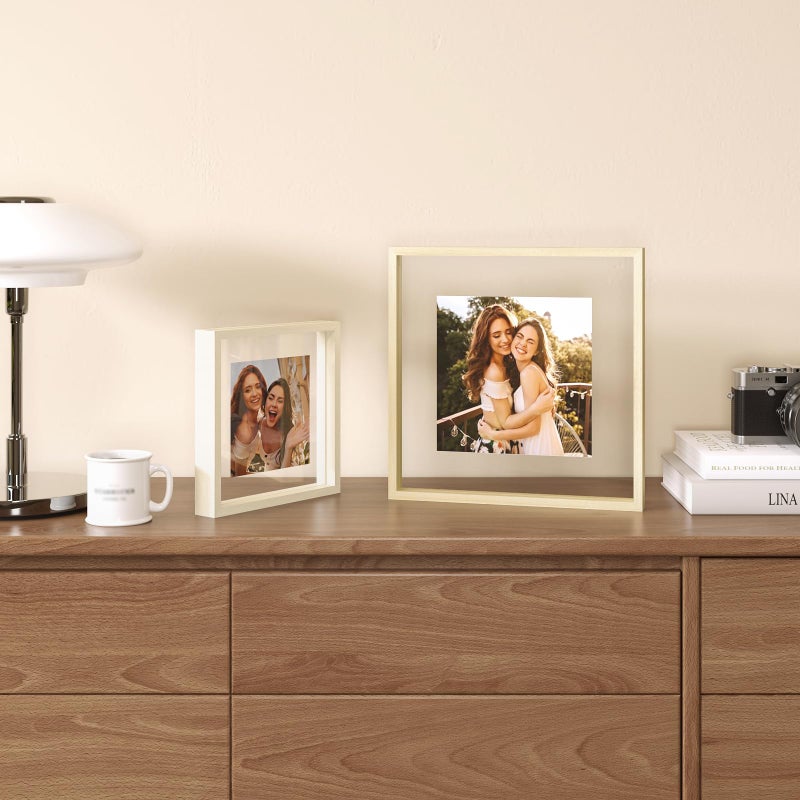 egofine 8x8 إطارات العائمة مجموعة من 2 إطار صورة مزدوجة plexiglass مصنوعة من الخشب الصلب عرض أي صورة الحجم حتى 8x8 حائط أو طاولة الخشب الطبيعي - Image 4