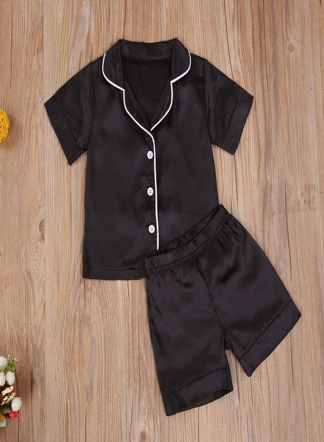 Multitrust Baby Girls Boys Silk Pajamas Set Solid Short Sleeve Button Down Shirts Tops and Shorts Infant Satin Pj Lounge Sets (Black, 1-2 Years) - Image 3