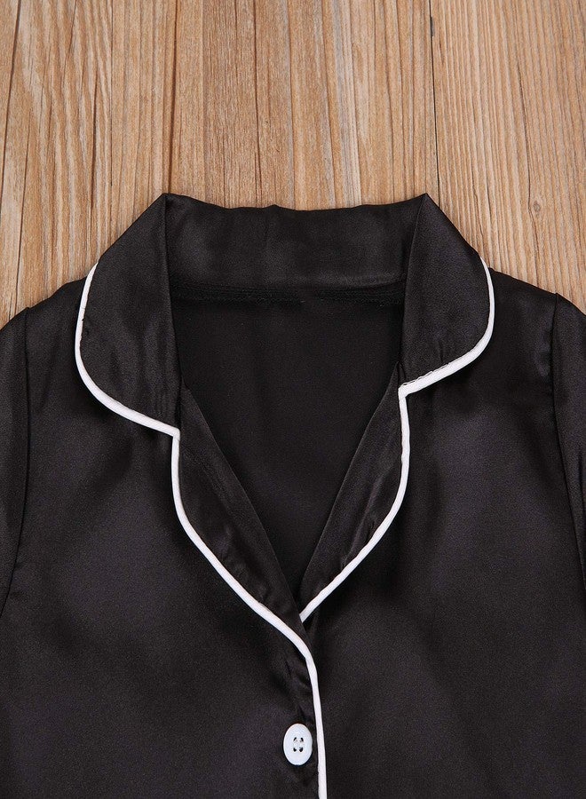 Multitrust Baby Girls Boys Silk Pajamas Set Solid Short Sleeve Button Down Shirts Tops and Shorts Infant Satin Pj Lounge Sets (Black, 1-2 Years) - Image 2