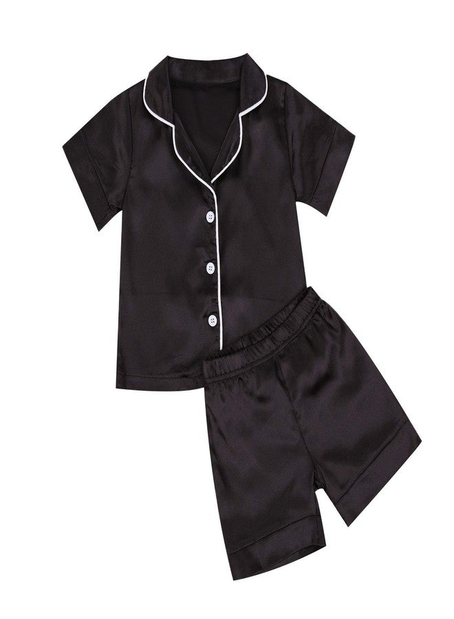 Multitrust Baby Girls Boys Silk Pajamas Set Solid Short Sleeve Button Down Shirts Tops and Shorts Infant Satin Pj Lounge Sets (Black, 1-2 Years) - Image 1