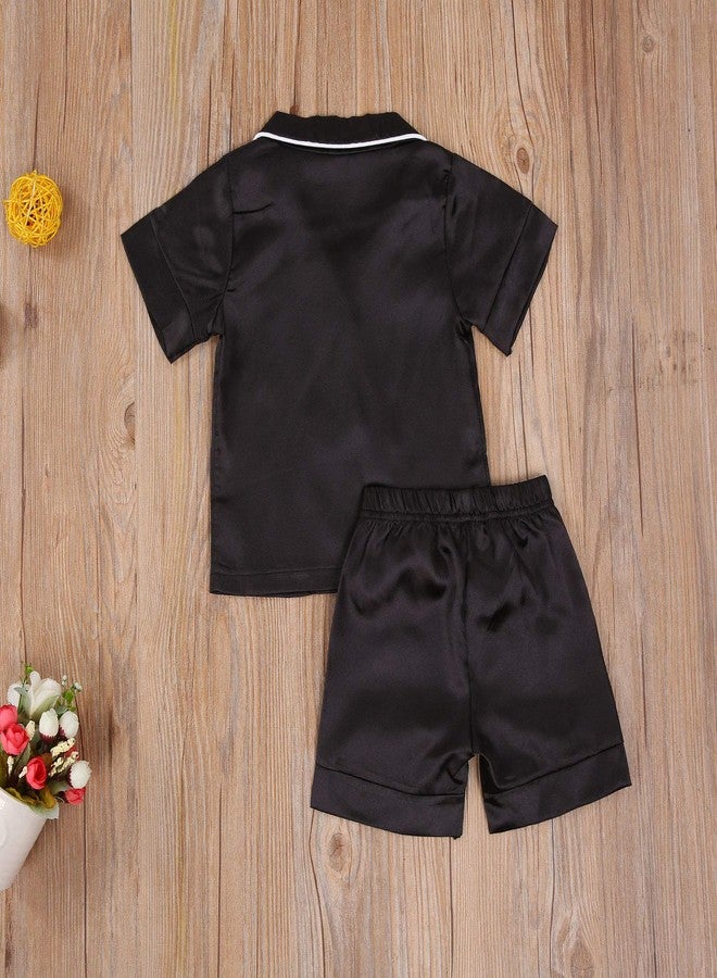 Multitrust Baby Girls Boys Silk Pajamas Set Solid Short Sleeve Button Down Shirts Tops and Shorts Infant Satin Pj Lounge Sets (Black, 1-2 Years) - Image 4