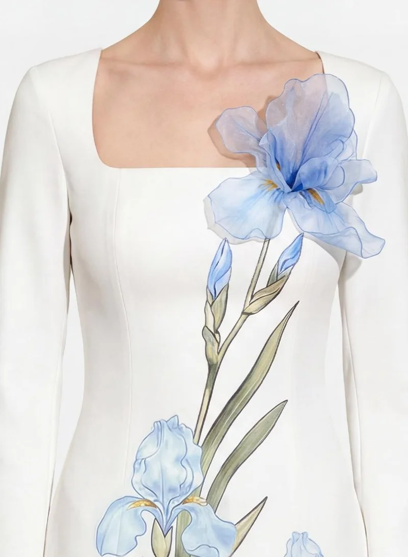 Jw Pei  3D Floral Embellished Iris Print Long Sleeve Mini Dress for Women | Best Price UAE