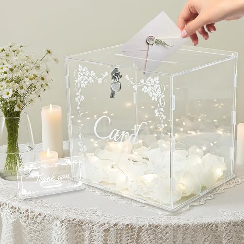 HighFree Clear Acrylic Wedding Card Box with Slot Lock Large Gift Card Box for Reception Anniversary Baby Shower Party Graduation WArtificial petals - Image 1