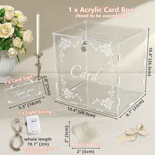 HighFree Clear Acrylic Wedding Card Box with Slot Lock Large Gift Card Box for Reception Anniversary Baby Shower Party Graduation WArtificial petals - Image 3