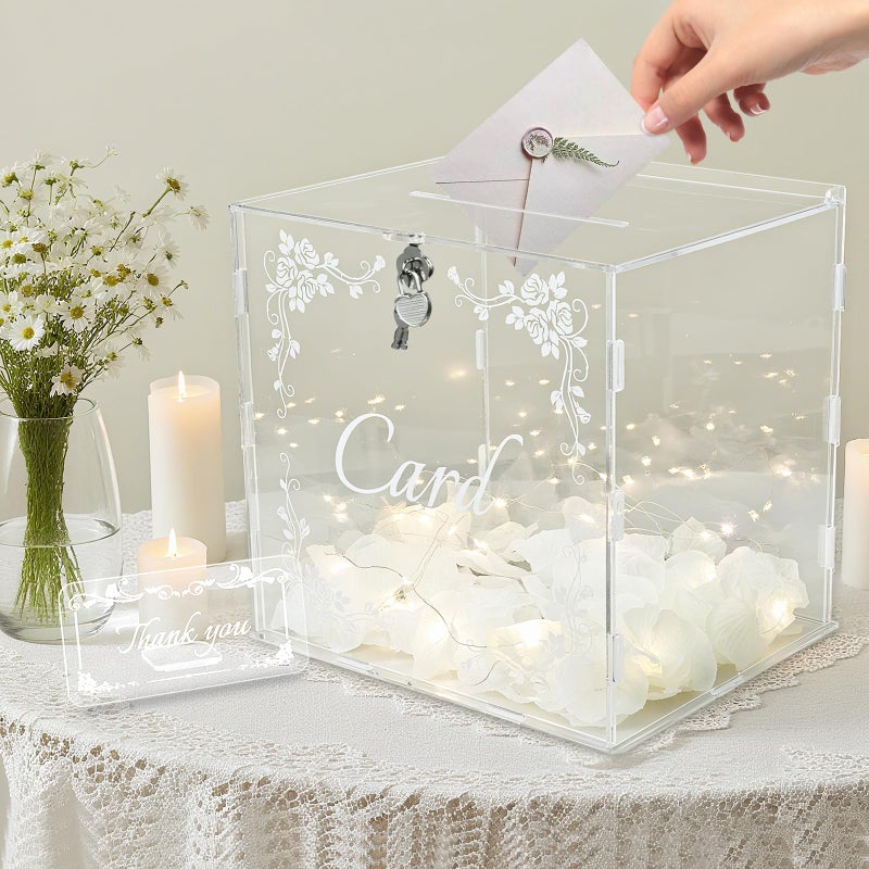 HighFree Clear Acrylic Wedding Card Box with Slot Lock Large Gift Card Box for Reception Anniversary Baby Shower Party Graduation WArtificial petals - Image 2