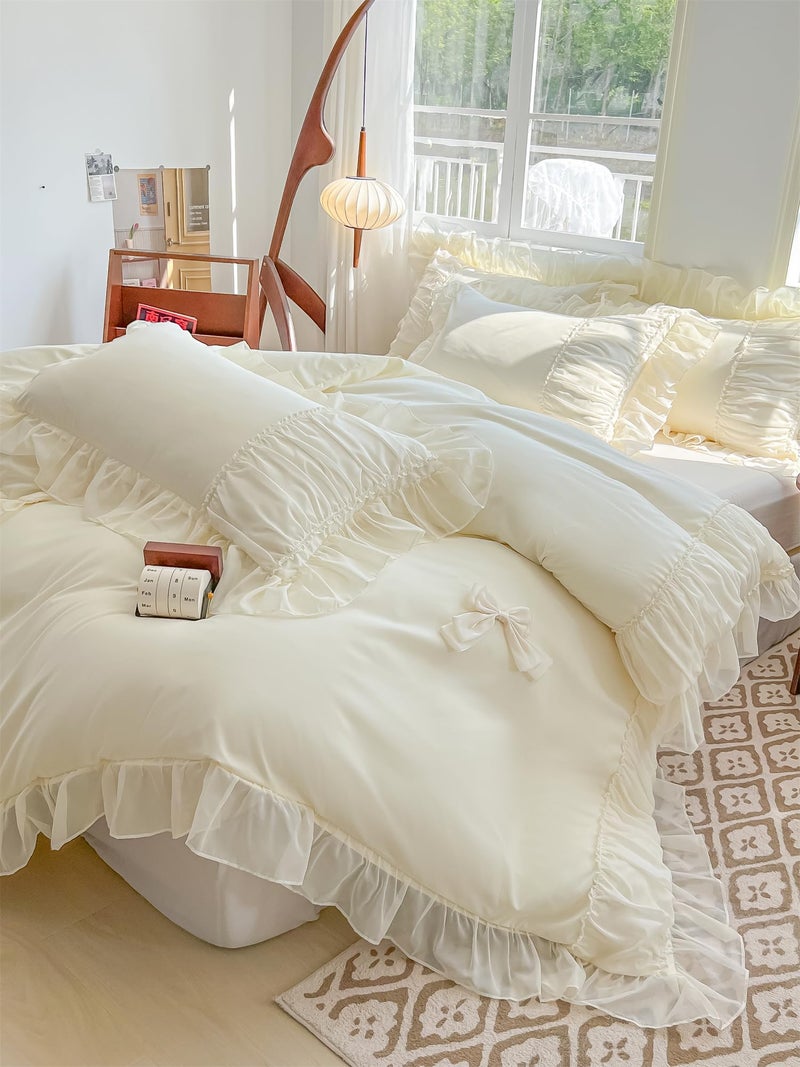 MOOWOO Chic Lace Bedding with Lovely Bow-Romantic Ruffle Duvet Cover Set, 2 Piece Comforter Duvet Cover with Zipper Closure, French Princess Style,Coquette Room Decor-Yellow,Twin Size - Image 2