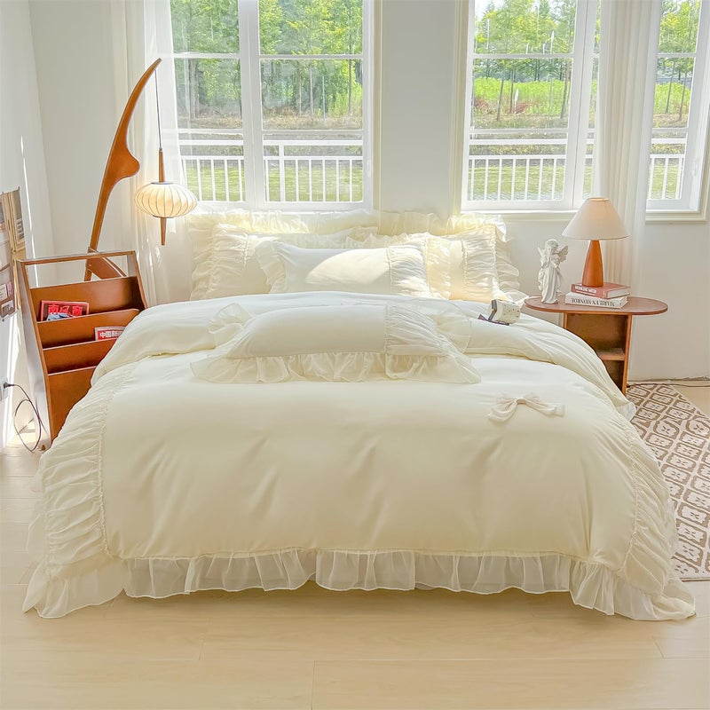 MOOWOO Chic Lace Bedding with Lovely Bow-Romantic Ruffle Duvet Cover Set, 2 Piece Comforter Duvet Cover with Zipper Closure, French Princess Style,Coquette Room Decor-Yellow,Twin Size - Image 1