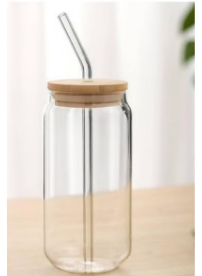 Glass Cup with Straw and Wooden Lid for Cold Drinks, Clear, 350/400ml - Image 1