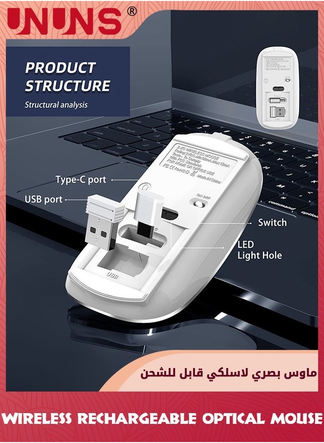UNUNS - ماوس بلوتوث لاسلكي، ماوس بصري ثنائي الوضع BT5.2/3.0 +2.4G، فأرة مريحة محمولة مع مستقبل USB ومحول، ماوس 3 DPI قابل للتعديل، لجهاز كمبيوتر محمول MacBook Air، أبيض - Image 1