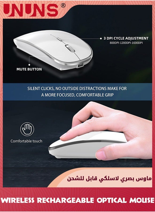 UNUNS - ماوس بلوتوث لاسلكي، ماوس بصري ثنائي الوضع BT5.2/3.0 +2.4G، فأرة مريحة محمولة مع مستقبل USB ومحول، ماوس 3 DPI قابل للتعديل، لجهاز كمبيوتر محمول MacBook Air، أبيض - Image 1