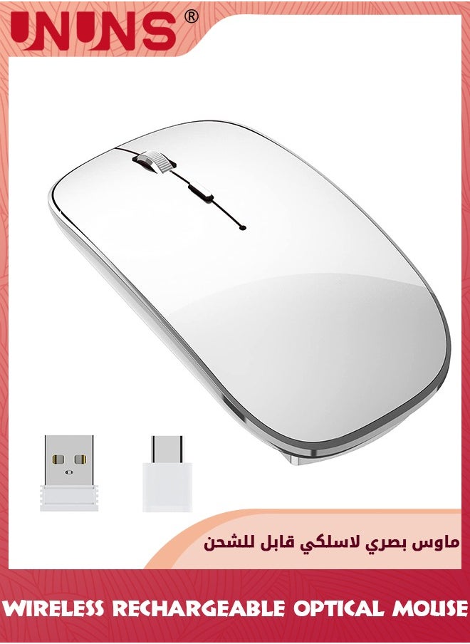 UNUNS - ماوس بلوتوث لاسلكي، ماوس بصري ثنائي الوضع BT5.2/3.0 +2.4G، فأرة مريحة محمولة مع مستقبل USB ومحول، ماوس 3 DPI قابل للتعديل، لجهاز كمبيوتر محمول MacBook Air، أبيض - Image 1